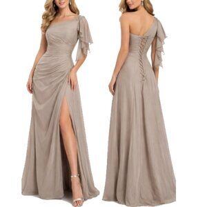 Elegant One-Shoulder Formal Evening Gown – Champagne/Taupe